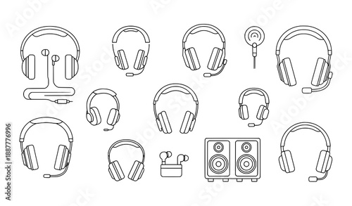 Minimal black outline headphones vector illustrations for music and audio design
