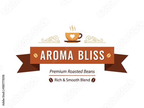 A steaming cup of coffee with AROMA BLISS logo, premium roasted beans, rich smooth blend on a ribbon banner