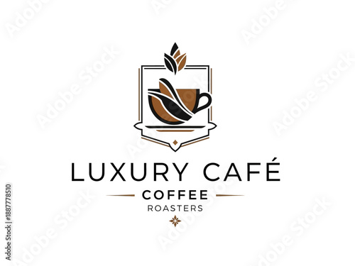 Luxury Cafe Coffee Roasters Logo Design with Coffee Cup and Leaves in Elegant Typography and Shield Emblem View