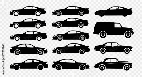 Collection of Silhouetted Cars and Van on Transparent Background.