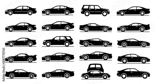 Collection of Silhouetted Cars and Vehicles.