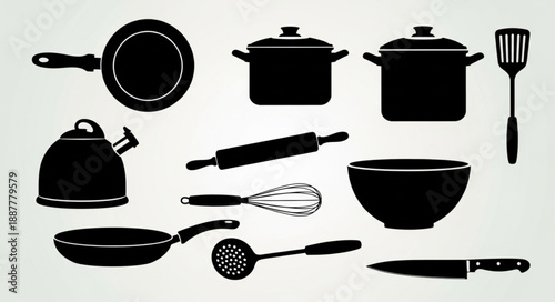 Collection of Kitchen Utensils and Cookware Silhouettes.