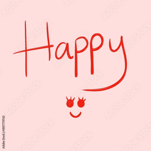 typography happy and icon smile red color, bacground pink, hand drawn