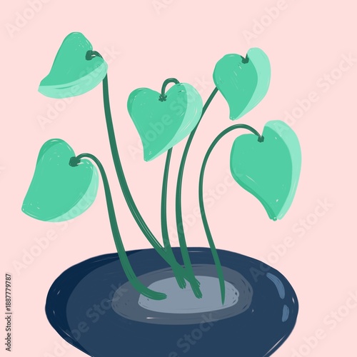green leaf plants in pots navy, bacground pink, hand drawn