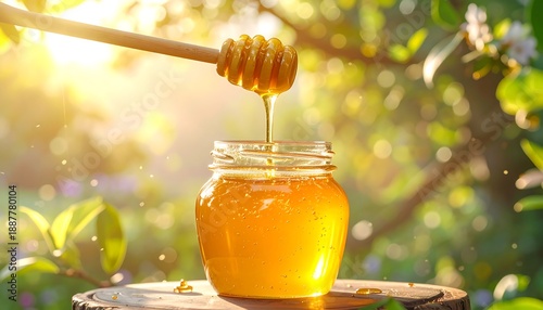 Golden honey being drizzled from a wooden dipper into a glass jar, in sunlit garden setting