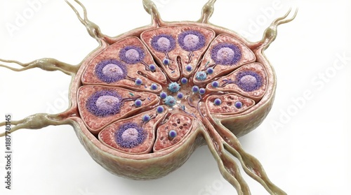Microscopic view of a lymph node, showcasing its internal structure with germinal centers and afferent lymphatic vessels.