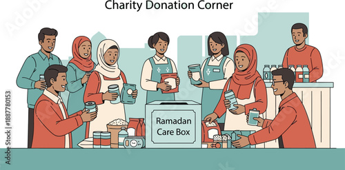 Volunteers organize food items for a Ramadan Care Box donation drive demonstrating community service and religious charity.