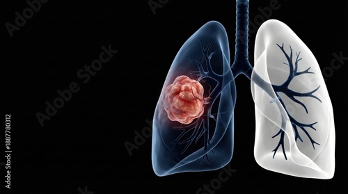 Illustration of a cancerous tumor growing within a human lung, highlighting the impact of disease on respiratory health.