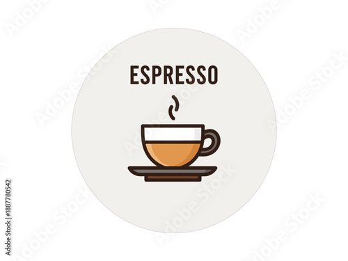 A steaming cup of espresso on a saucer, illustrated in a circular icon