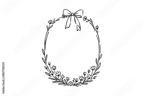 Easter frame line art delicate floral wreath with bow isolated on transparent background
