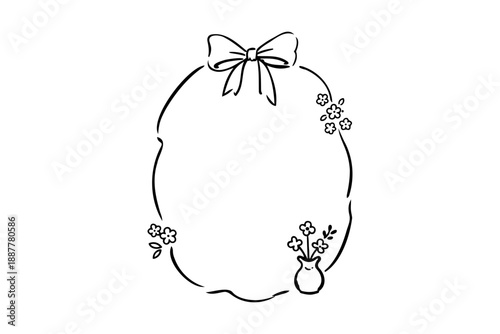 Easter frame line art simple black and white floral wreath with bow and flowers isolated on transparent background
