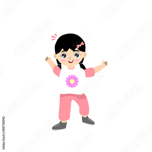 Happy Little Girl in Pink and White Outfit with Flower Design Smiling Playfully