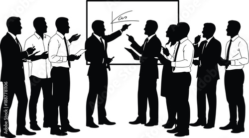 Silhouettes of business professionals gather around a presenter pointing toward a whiteboard displaying a signature or chart during a meeting.