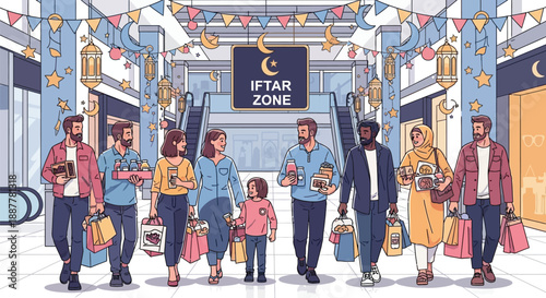 Diverse group of smiling shoppers carrying bags walks through a brightly decorated mall featuring an Iftar Zone sign.