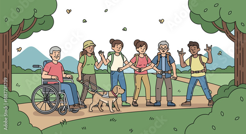 A diverse group of hikers, including a person in a wheelchair and a guide dog, stand together on a sunny trail representing inclusive outdoor recreation.
