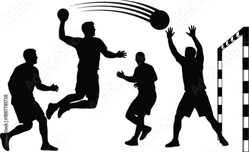 Silhouettes of handball players aggressively attacking the goal during a dynamic indoor match action sequence.