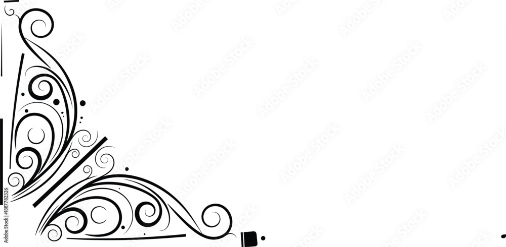 Fototapeta premium Black ornate corner flourish design provides elegant decorative framing element on a blank white canvas for graphic design projects.