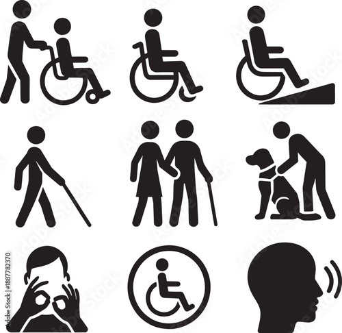 Black silhouettes of people with disabilities and accessibility icons set