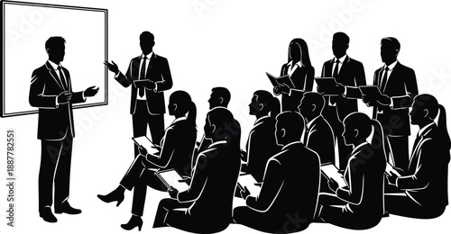 Business executive silhouettes present a financial briefing to a seated audience during a professional training seminar.