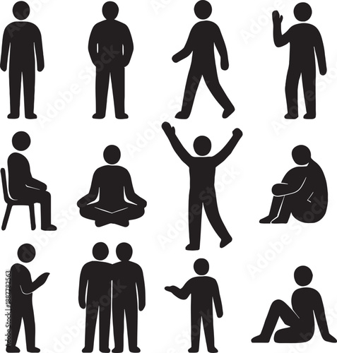 Collection of black human silhouettes in various poses and activities
