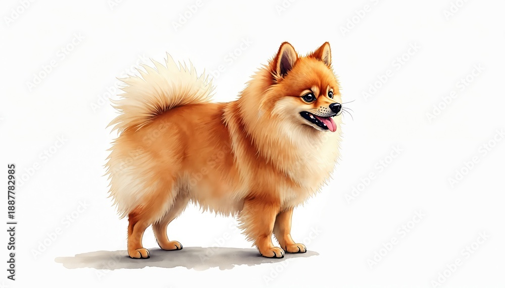 Obraz premium Fluffy Pomeranian dog stands looking right. Watercolor illustration has a white background. Plenty of blank space for text or graphic design. Adorable, happy pet. Cute, furry canine friend.