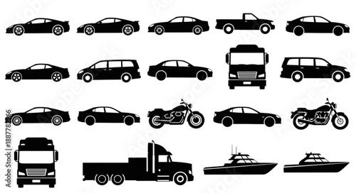Collection of Silhouetted Vehicles Including Cars Trucks Motorcycles and Boats.