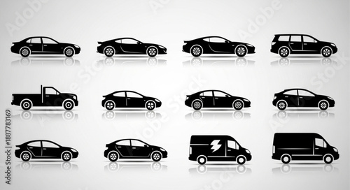 Collection of Silhouetted Vehicles Showing Different Types of Cars and Vans.