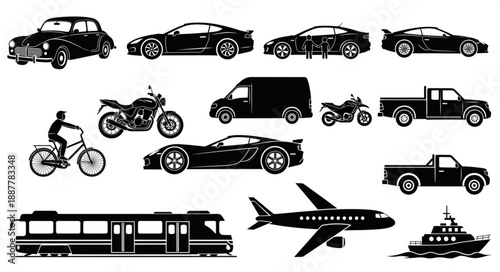 Collection of Silhouetted Transportation Vehicles and Modes.