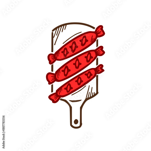 design with a view from the top of 3 sausages on a coaster with a line theme. vector barbecue design with a simple theme
