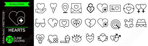 Set of 25 minimalist heart line icons with editable stroke. Featuring creative love symbols such as heart ice cream, padlock, heart glasses, devil heart, and Cupid's target.