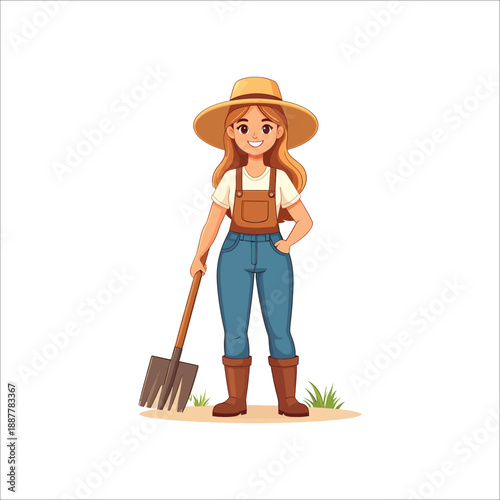 Smiling woman in overalls and hat holding garden shovel outdoors