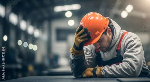 Tired Industrial Worker Wearing Safety Helmet in Factory, Workplace Stress, Fatigue and Mental Health Concept, Manufacturing Industry, Labor Safety, Work Pressure and Exhaustion