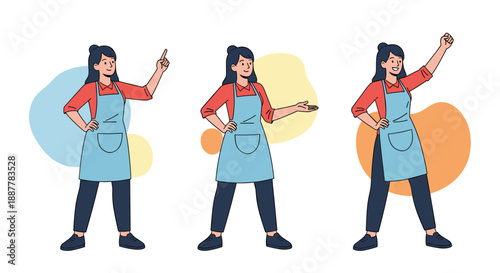 Young female worker wearing a blue apron shown in various poses including pointing, presenting, and cheering for success.