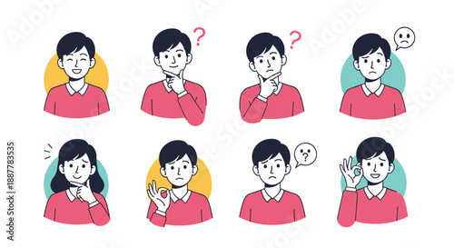 Set of diverse male and female character avatars showing various facial expressions and gestures like thinking and making okay sign.