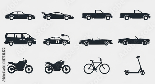 Collection of Silhouetted Vehicles and Transportation Icons.