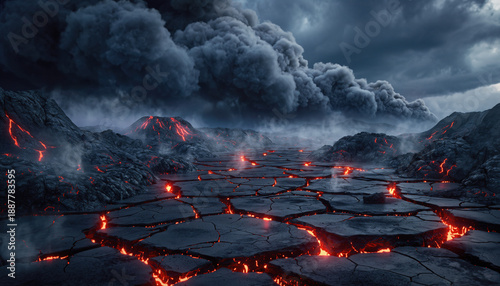 赤く輝く溶岩が広がる終末的な火山風景