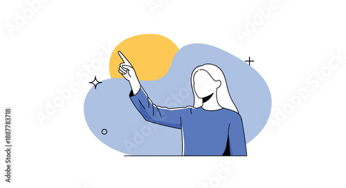 Minimalist illustration of a young woman pointing her finger up towards a bright yellow circle against a blue background.