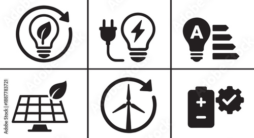 Efficiency energy icon set with clean line icons for power saving, sustainability, apps, web, and infographics.