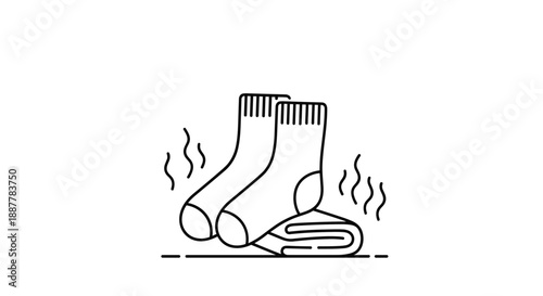 Simple black and white line drawing of a pair of smelly socks sitting on top of folded laundry with odor lines.