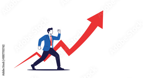 Energetic businessman in a blue suit running up a large red growth arrow symbolizing business success and progress.