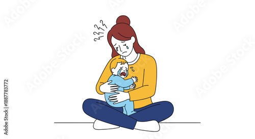 Emotional illustration of a distressed mother sitting on the floor and crying while holding her crying infant baby.