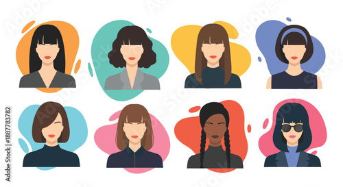 Collection of diverse female avatars featuring various hairstyles, skin tones, and accessories like glasses and headbands.
