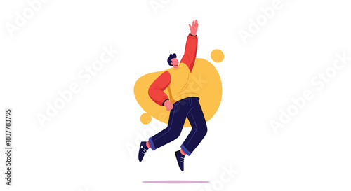 Energetic young man jumping very high into the air with one arm raised against an abstract colorful background.