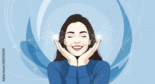 Joyful woman with a beautiful smile closing her eyes and touching her face while glowing light sparkles around her.