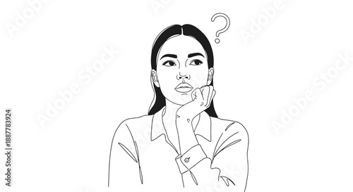 Black and white line art illustration of a pensive woman resting her chin on her hand with a question mark appearing above her head.