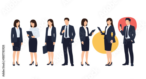 Diverse group of professional business people in formal suits standing together in a row for a corporate team portrait.