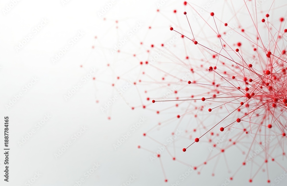 Obraz premium Abstract red network of connected dots and lines forms a web like structure on white background. Digital connections, molecular structures, data flow, scientific innovation, tech concepts.