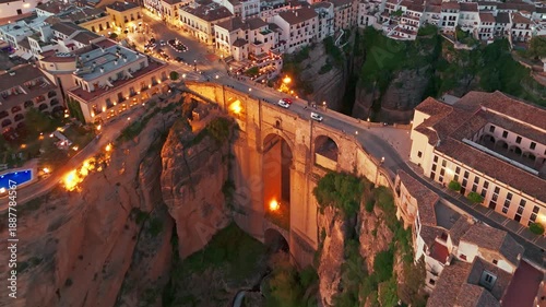 Aerial view of the Ronda medieval town at sunrise, Andalusia, Spain
