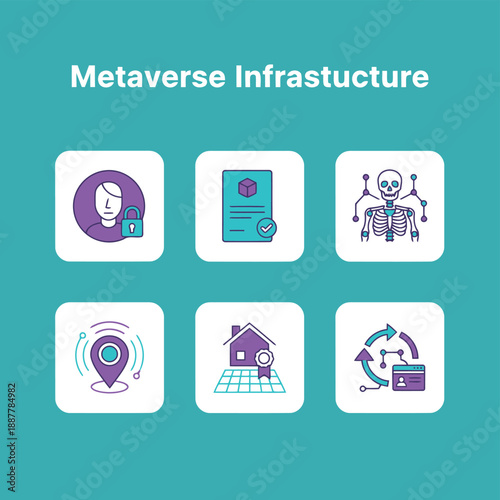 Metaverse infrastructure and digital property virtual identity icon set including smart contracts avatar security and skeleton tracking vector illustration