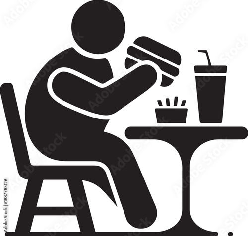 Obese Person Eating Fast Food Burger and Soda Silhouette Icon for Healthy Living Awareness Obesity Prevention Campaign and Junk Food Nutrition Illustration